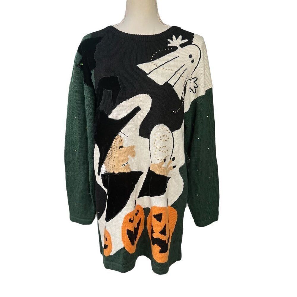 Richard Sport Halloween Ghost Cat Pumpkin Graphic Knit Velvet Applique Size M